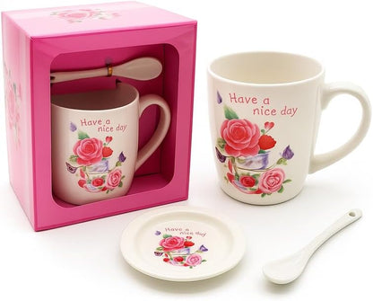 White Ceramic Mug with Spoon and Lid, Have a Nice Day Floral Design, Coffee Tea Cup