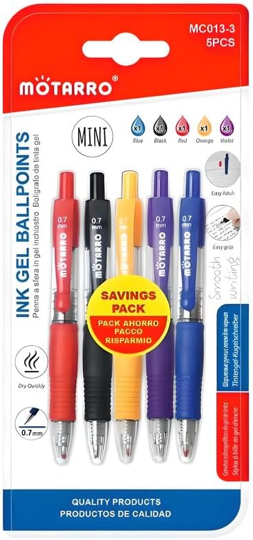 5 Pcs 0.7mm Ball Point Gel Pens, 11cm, Assorted Colors
