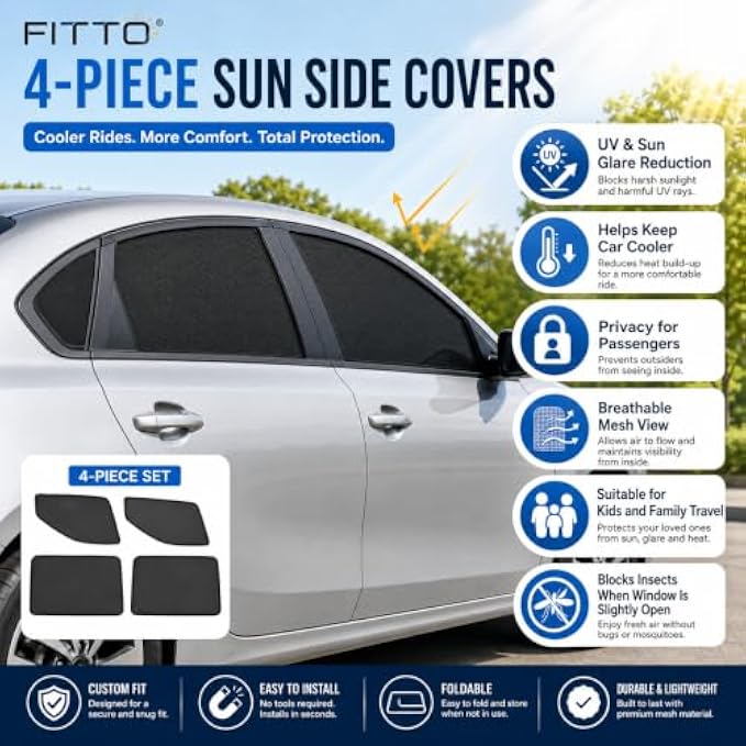 96 Pieces 4-Piece Car Side Window Sun Shade Covers (Breathable Mesh UV and Glare Protection – Foldable Privacy Screens for Front and Rear Windows – Black)