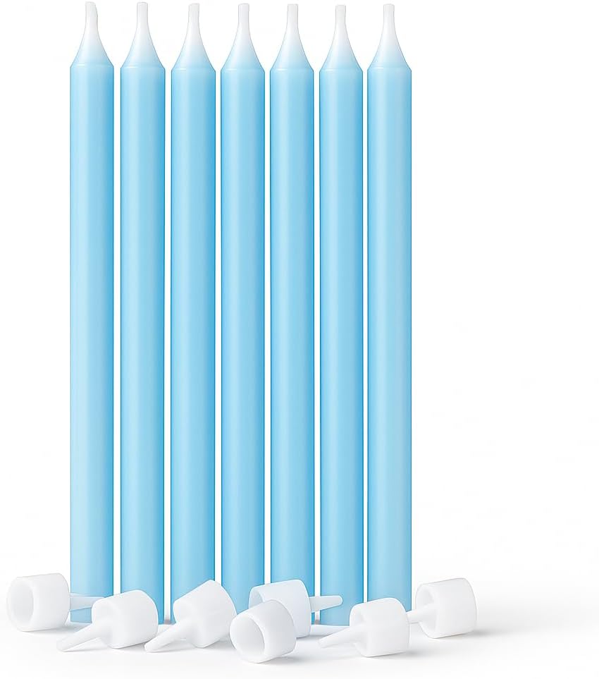 6Pcs Long Thin Blue Birthday Cake Candles with Stand – Party Cake Candles, Blue Candle Holder, Cake Decorations for Birthday Party, 13cm