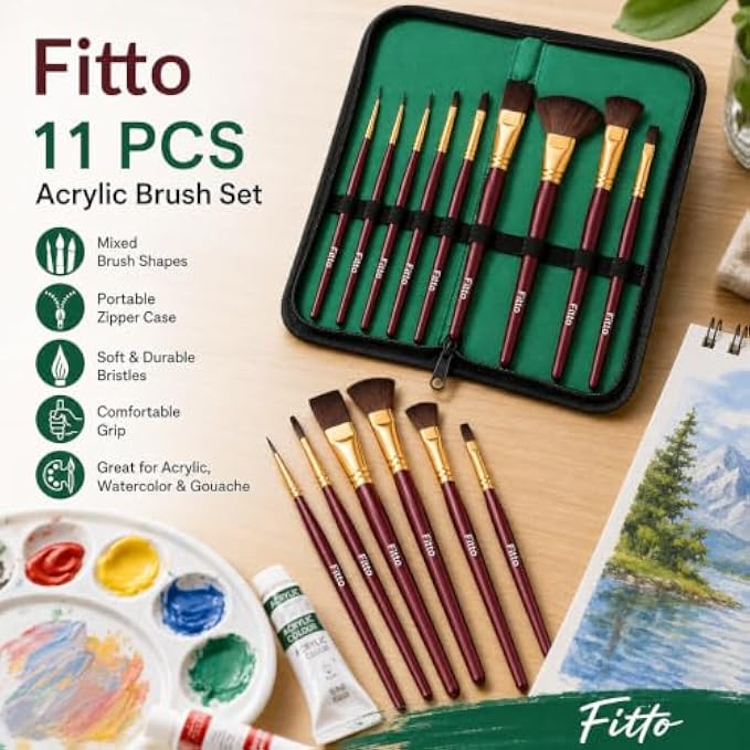 72 Pieces 11-Piece Acrylic Paint Brush Sets with Mixed Shapes and Portable Zip Case (Burgundy and Green)