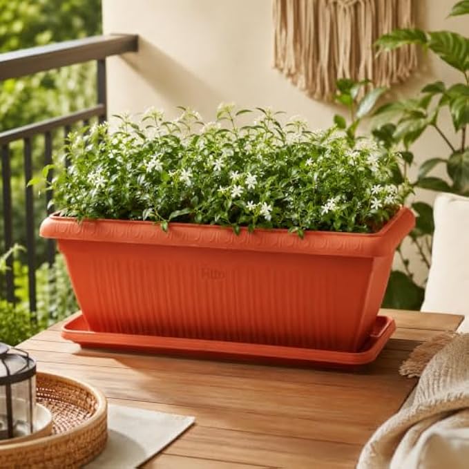 48 Pieces 60 cm Rectangular Plastic Planters with Matching Drainage Tray (Lightweight Indoor Outdoor Plant Pot for Herbs Flowers Balcony Patio Garden – Orange)