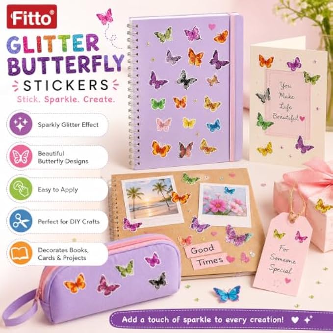 240 Pieces Glitter Butterfly Stickers (Assorted Multicolor Peel-and-Stick Craft Decorations for Cards – Notebooks – Scrapbooks – Gift Wrap and DIY Decor)