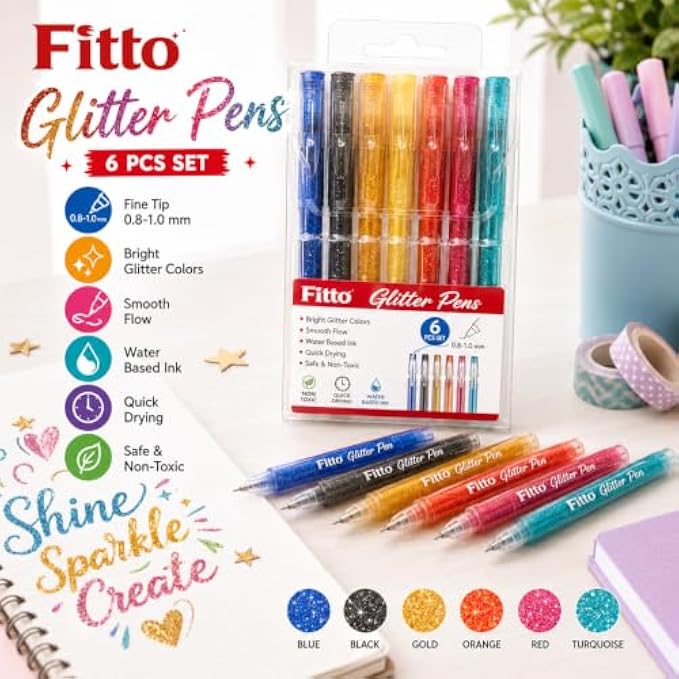 144 Pieces Glitter Pens (6-Piece Water-Based Fine Tip Marker Set – 0.8 – 1.0 mm Quick-Drying Assorted Colors for Journaling – Cards and Crafts)