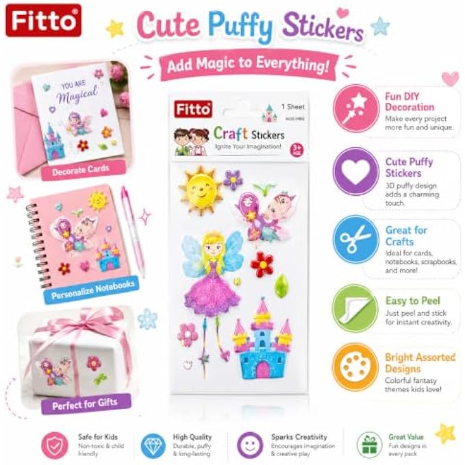 144 Pieces Cute Puffy Craft Stickers (Fairy Princess and Castle Self-Adhesive Sticker Sheet for Cards – Notebooks and Scrapbooks)