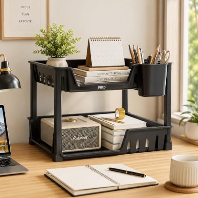 72 Pieces Desktop Organizer Shelves with Pen Holder (Multi Compartment Desk Storage Rack – Space Saving Office Organizer – Black)