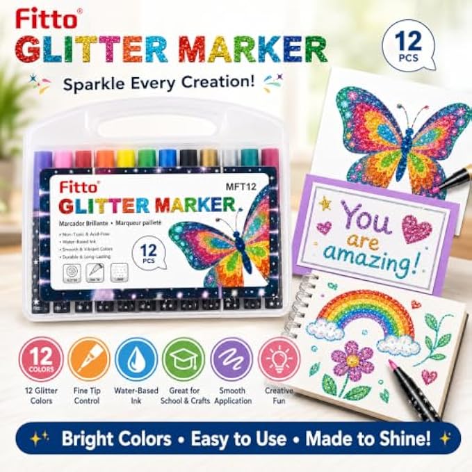 120 Pieces Glitter Markers (12-Piece Assorted Colors Set with 1.0 mm Fine Tips – Water-Based Ink and Portable Storage Case)