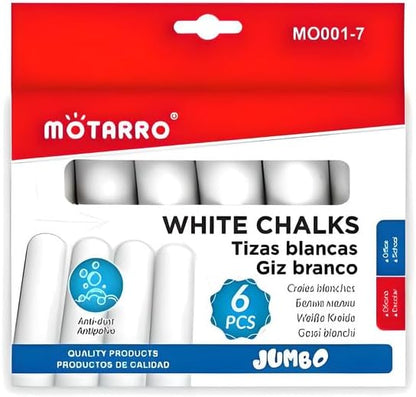 White Chalk Sticks 6 Pack, 2.5cm x 10cm, Non-Toxic, Dustless for Classroom, Office, Art, Blackboard Use
