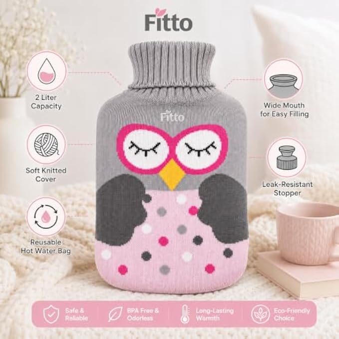 96 Pieces 2 Liter Hot Water Bags with Soft Owl Knitted Cover (Wide Mouth – Leak-Resistant Stopper – Reusable Warm Water Bottle – Grey)