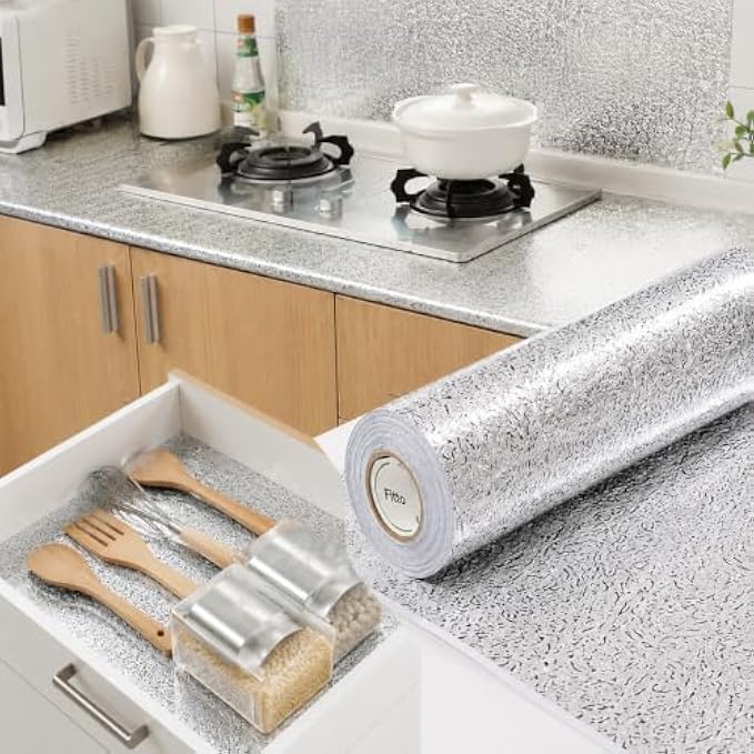 144 Pieces Kitchen Wallpapers (Self Adhesive Waterproof Oil Resistant Wall and Countertop Sticker for Kitchen Backsplash – Cabinets and Home Surfaces – Silver)