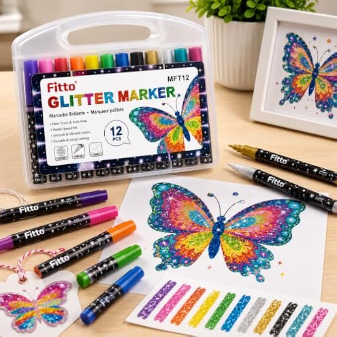 120 Pieces Glitter Markers (12-Piece Assorted Colors Set with 1.0 mm Fine Tips – Water-Based Ink and Portable Storage Case)