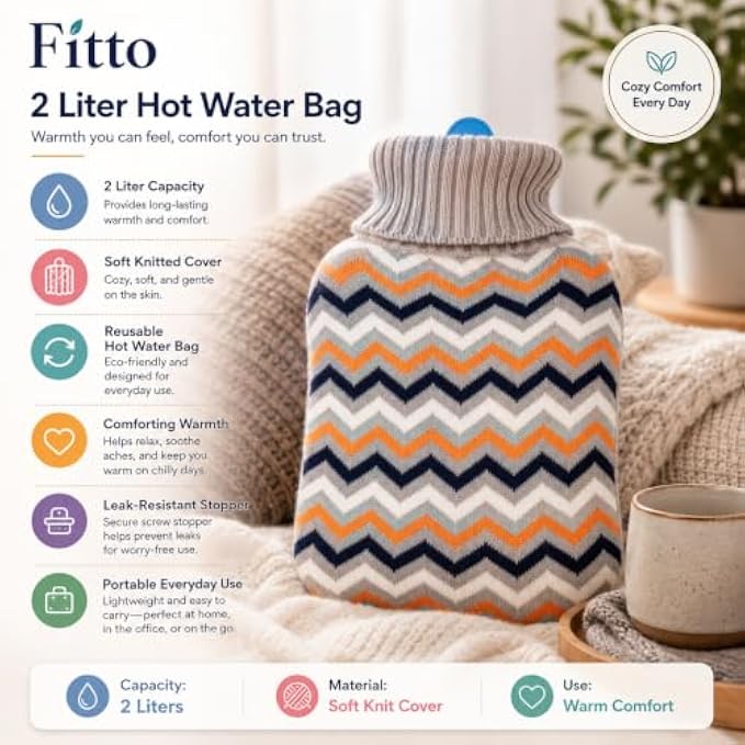 96 Pieces 2L Hot Water Bags with Beige Zigzag Knitted Cover (Reusable Warm Water Bottle with Leak-Resistant Stopper for Home Comfort)