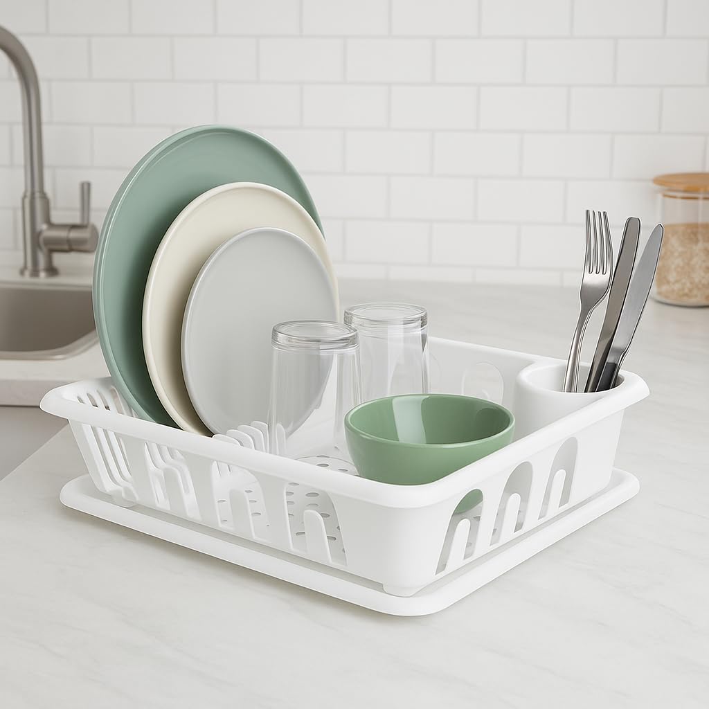 White Dish Drainer - Stainless Steel, Adjustable Rack for Large & Small Dishes, Space-Saving Kitchen Organizer with Draining Tray, Easy to Clean, Ideal for Modern Kitchens