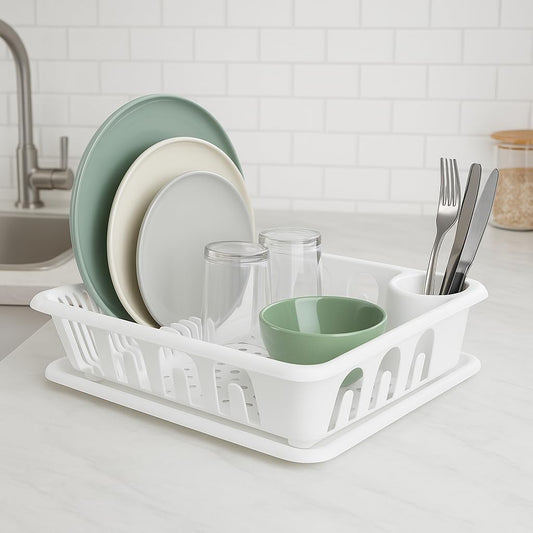 White Dish Drainer - Stainless Steel, Adjustable Rack for Large & Small Dishes, Space-Saving Kitchen Organizer with Draining Tray, Easy to Clean, Ideal for Modern Kitchens