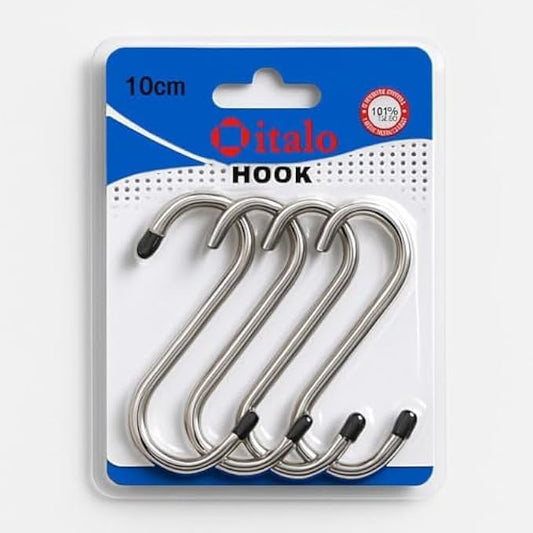 S Shape Stainless Steel Hooks Pack of 4 - Heavy Duty S-Hooks for Kitchen, Bathroom, Clothes, Pots & Plant Hangers