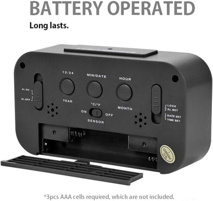 Smart Digital Alarm Clock with Date & Temperature, Snooze Button, Battery Operated LCD Display Desk Clock with Night Light & Auto-Dimming for Kids, Bedroom, Home Office