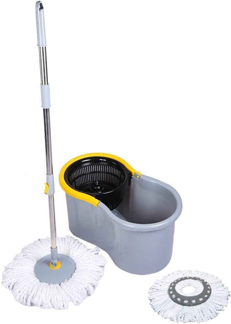 Grey 360° Spin Bucket Mop Set with 4 Easy Wheels - Adjustable Telescopic Handle, Durable Microfiber Mop Heads, Includes Extra Refill for Effortless Home Cleaning