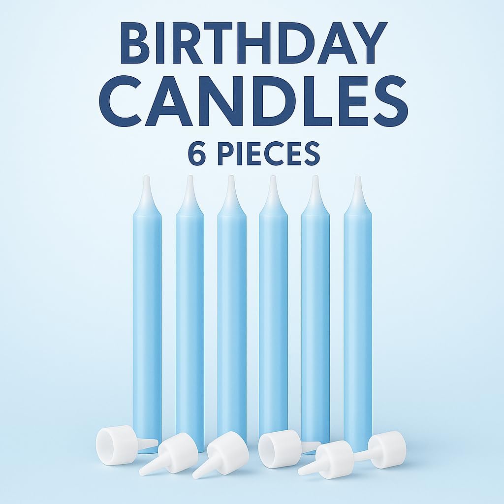 6Pcs Long Thin Blue Birthday Cake Candles with Stand – Party Cake Candles, Blue Candle Holder, Cake Decorations for Birthday Party, 13cm