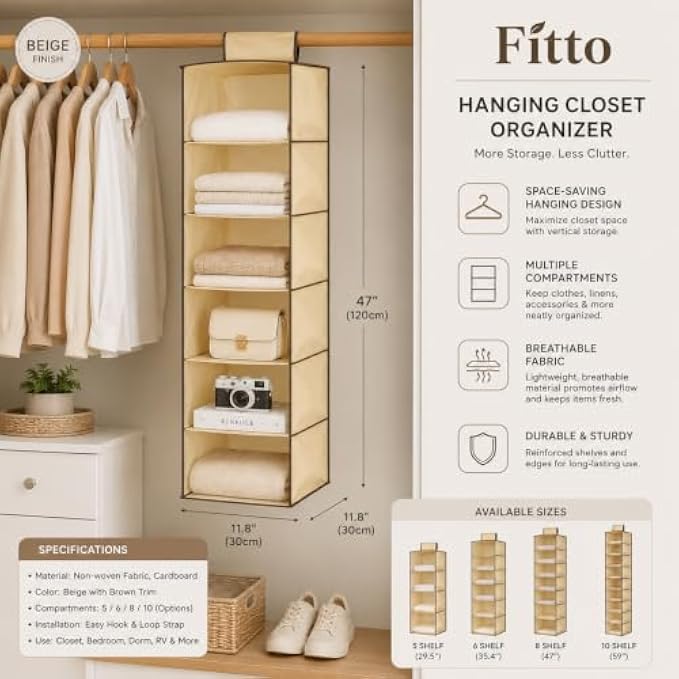 96 Pieces Hanging Closet Organizers (Beige Fabric Wardrobe Storage Shelf for Clothes – Bags – Shoes and Accessories)