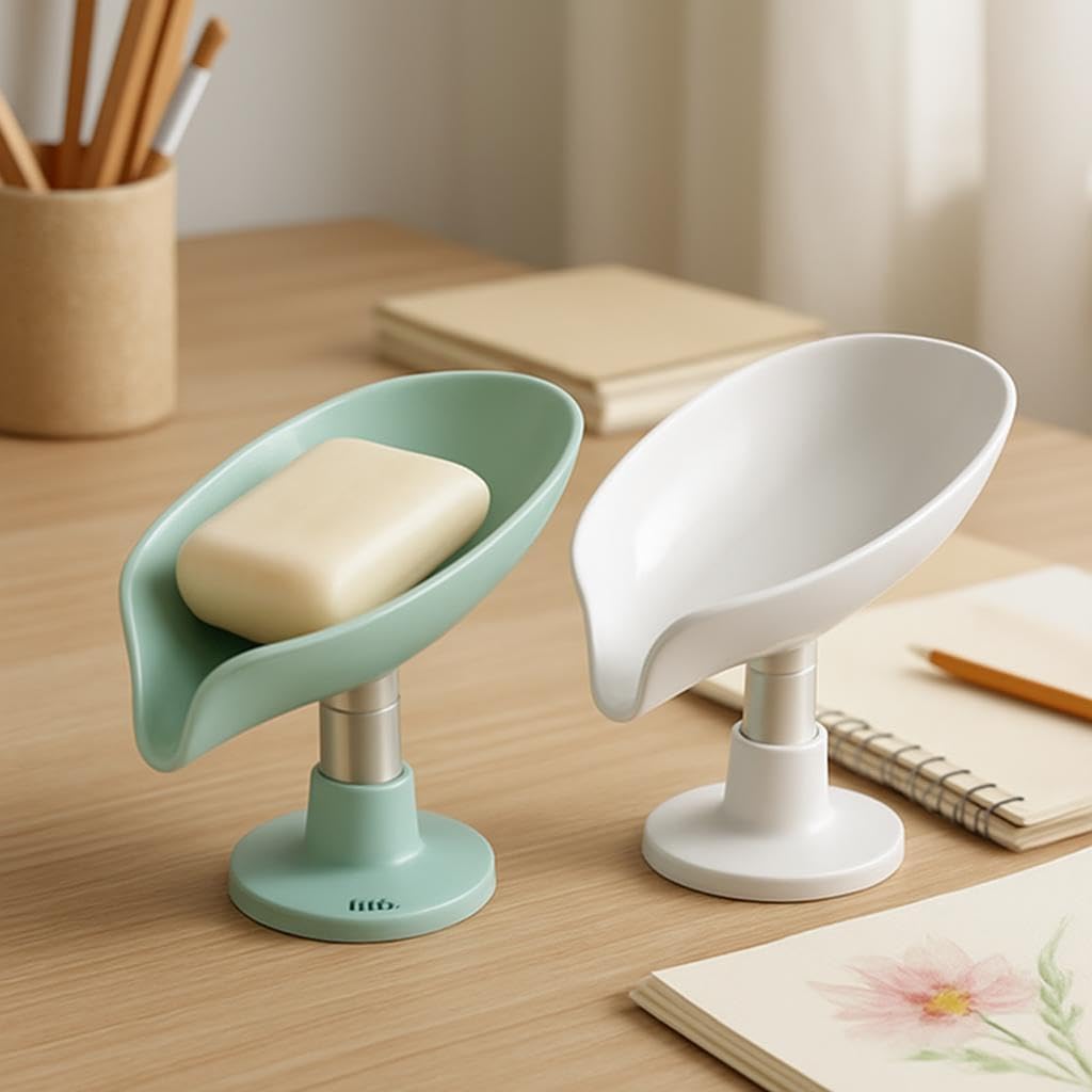 Leaf-Shape Self-Draining Soap Dish with Suction Cups, Double-Layer Soap Box for Bathroom & Kitchen, Bar Soap Holder with Towel Hook