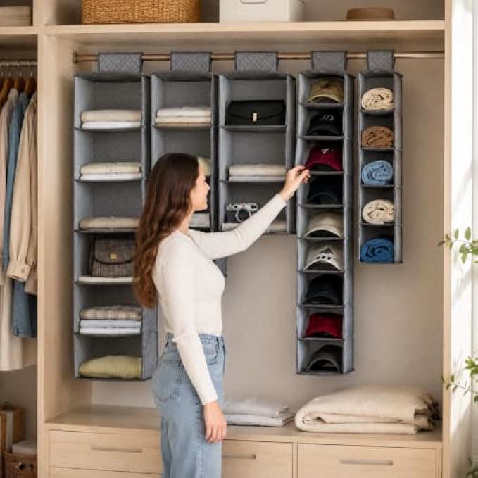 96 Pieces Hanging Closet Organizers (Multi Compartment Wardrobe Storage Shelf for Clothes – Bags – Hats and Accessories – Grey)