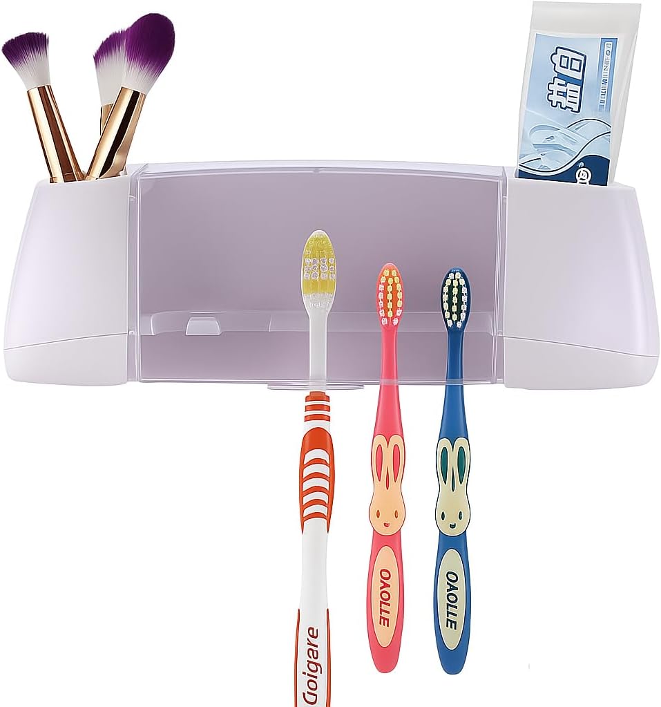 Toothbrush Holder,Bathroom Accessories, Wall-Mounted Toothpaste Holder with Dust Protection Cover, Drain Holes, Suction Hook, Multifunctional Bathroom Organizer