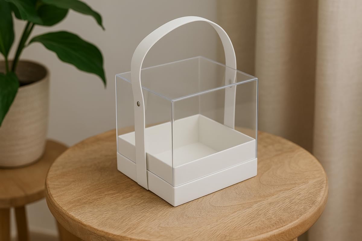Transparent Acrylic Gift Square Box 14x14x14cm with White Handle for Storage and Display