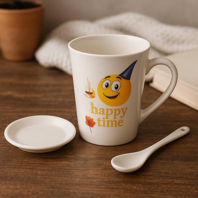 White Ceramic Mug with Spoon, Happy Birthday Print, Smile and Cake Design