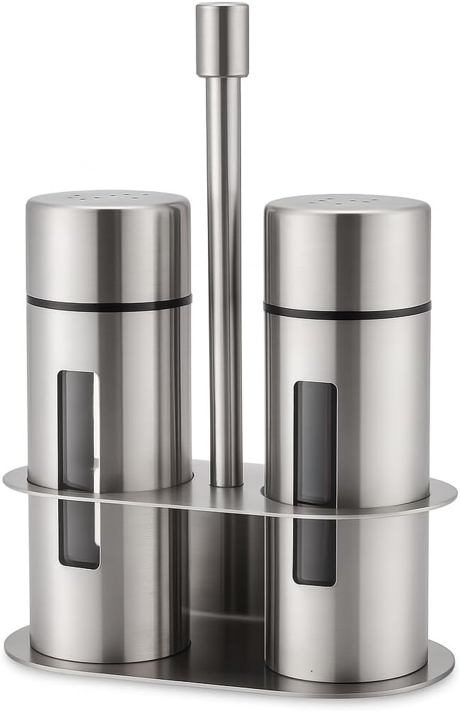 Stainless Steel Salt and Pepper Shaker Set with Stand, Odor-Free Spice Containers, Leak-Proof Airtight Seal, Transparent Glass Seasoning Jars, Ideal for Kitchen Condiments and Seasoning