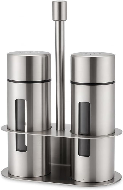 Stainless Steel Salt and Pepper Shaker Set with Stand, Odor-Free Spice Containers, Leak-Proof Airtight Seal, Transparent Glass Seasoning Jars, Ideal for Kitchen Condiments and Seasoning