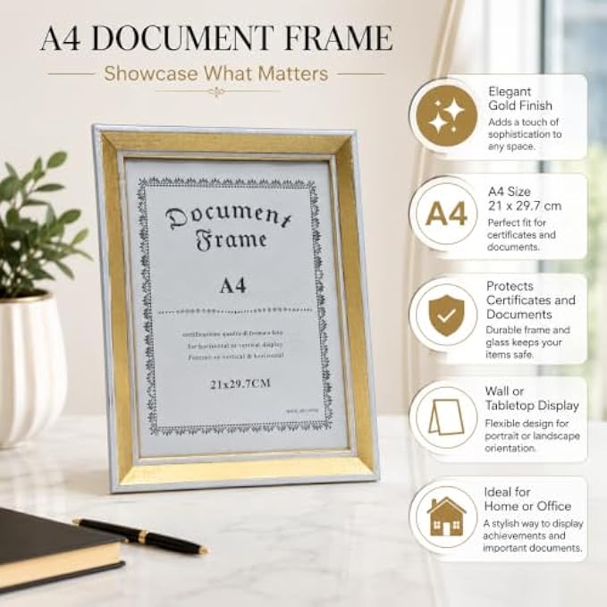96 Pieces A4 Document Frames (21 x 29.7 cm for Certificates – Diplomas and Photos – Wall or Tabletop Display – Gold and Silver)