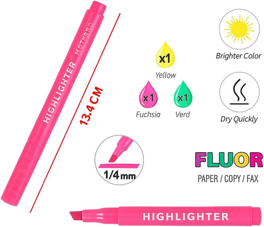 Highlighter Set 3 Pieces 13.4 cm 1/4 mm Tip for Office and School Supplies