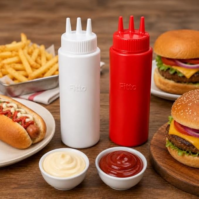 240 Pieces 2 Piece Squeeze Bottle Sets (16 oz Red and White Condiment Bottles with 3-Nozzle Top – Food-Grade BPA-Free Plastic Sauce Dispenser Bottles for Ketchup – Mustard – Sauces and Kitchen Use)