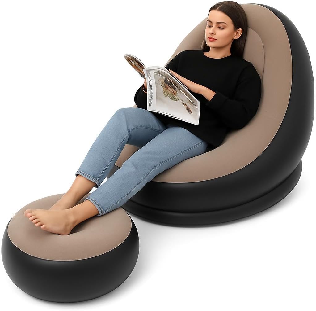 Thickened Flocking Inflatable Sofa & Footstool Set – Portable Lazy Sofa Bed with Air Cushion Recliner, Foldable PVC Material, Brown, Maximum Load 100kg