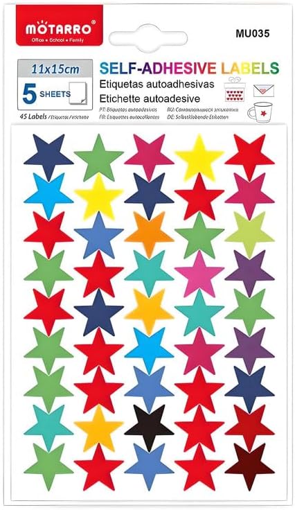 144 Pieces Adhesive Labels Smiles (5 Sheets – 11x15cm – 45 Star Labels – Decorative Stickers for Crafts and Organization)