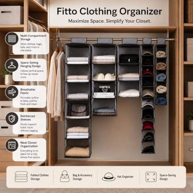 96 Pieces Hanging Closet Organizers (Multi Compartment Wardrobe Storage Shelf for Clothes – Bags – Hats and Accessories – Grey)