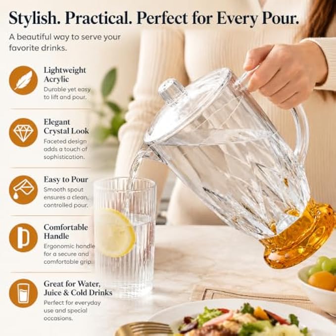 72 Pieces Acrylic Water Jugs with Lid (Lightweight Crystal Look Pitcher with Easy Pour Spout and Comfortable Handle for Water Juice Cold Drinks and Everyday Serving – Clear Amber)