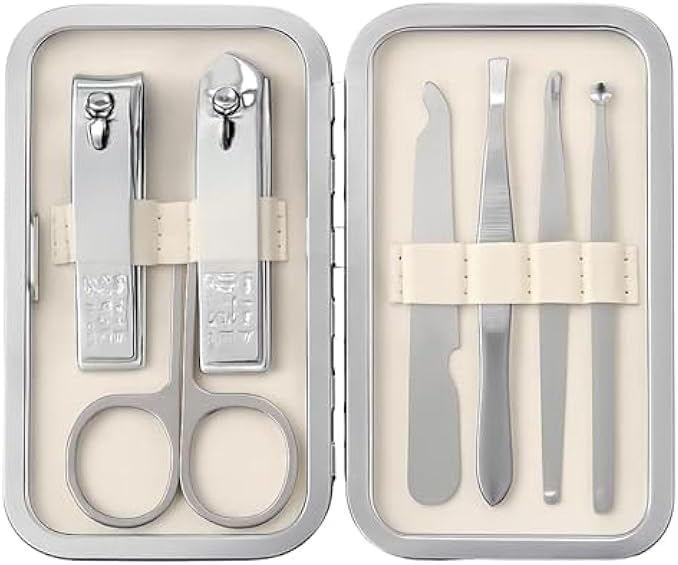 Compact Manicure Set 10.7x6.7cm - Portable Travel Nail Kit with Nail Clippers Scissors File Tweezers Cuticle Pusher Stainless Steel Case