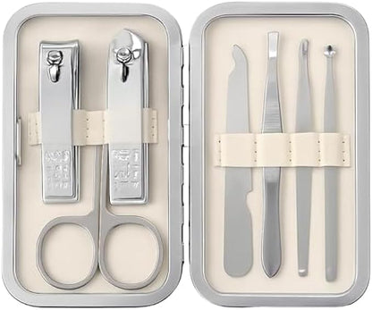Compact Manicure Set 10.7x6.7cm - Portable Travel Nail Kit with Nail Clippers Scissors File Tweezers Cuticle Pusher Stainless Steel Case