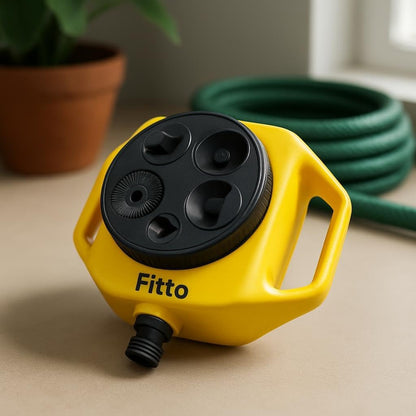 Yellow Circular Hose Reel with Multiple Outlets and Carrying Handle