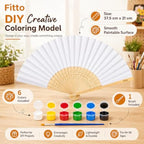 120 Pieces DIY Folding Hand Fan Painting Kits with White Paintable Fan (6 Paint Pots and Brush – Natural Wood and Assorted Colors)