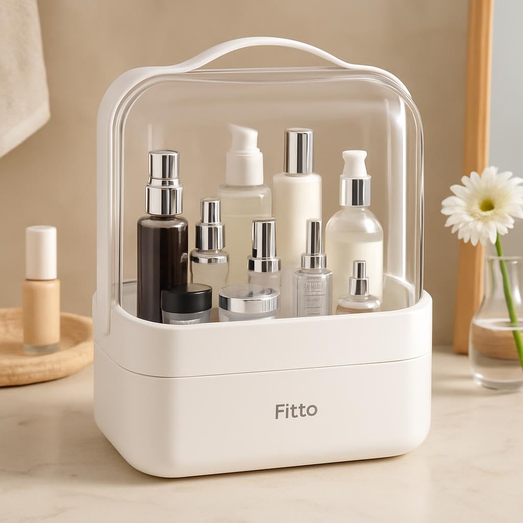 60 Pieces Makeup Organizer Boxes (Dust Water Proof Cosmetic Storage with Cover and Handle – 25x24x18cm – White)