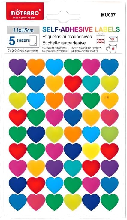 144 Pieces Adhesive Labels Smiles (5 Sheets – 11x15cm – 54 Heart-Shaped Labels for Crafting and Organization)