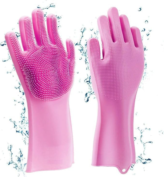 FITTO Silicone Non-Slip Dishwashing Gloves – Pink Magic Latex Scrubbing Gloves for Efficient Household Cleaning, Pet Grooming, and Hand Protection