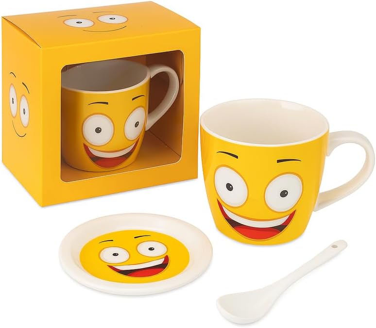 Yellow Ceramic Mug with Lol Emoji Smile, Spoon & Lid, Fun Coffee Cup for Home & Office