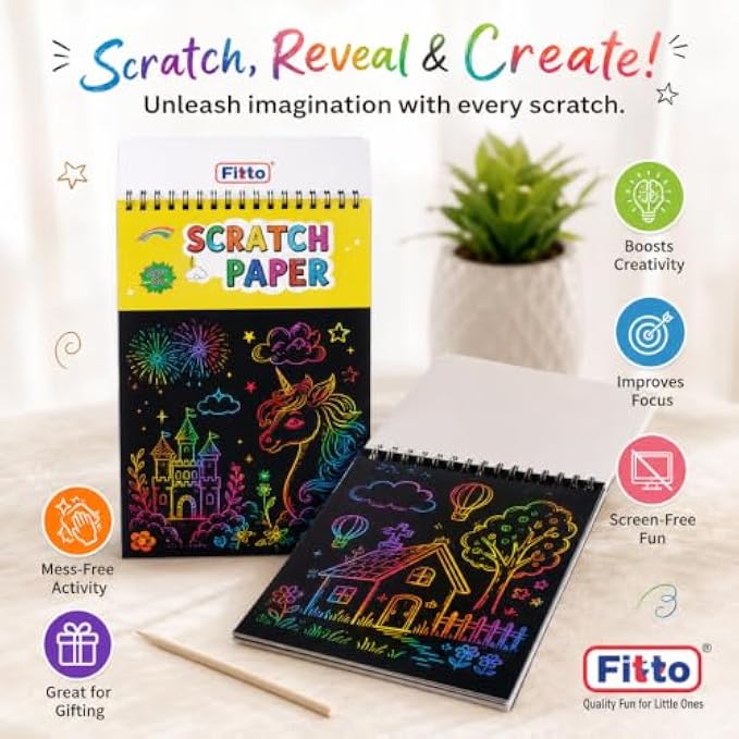 144 Pieces Rainbow Scratch Paper Art Sets (10 Black Scratch Sheets 14 x 20.5 cm with Wooden Stylus – Spiral-Bound Drawing Pad for Doodling – Crafts and Creative Activities)