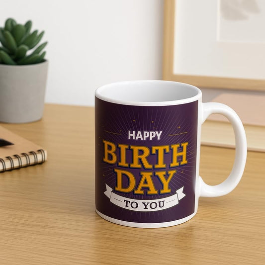 Blue Ceramic Mug with White Interior - Happy Birthday to You Printed Coffee Cup