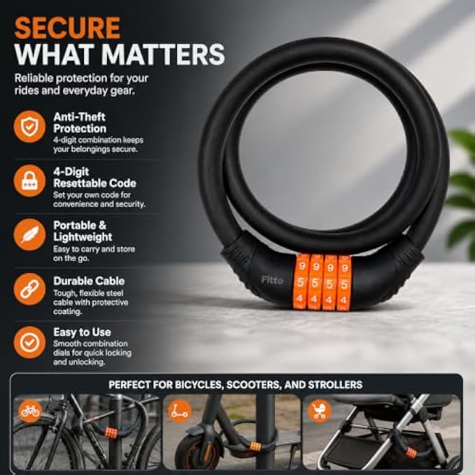 96 Pieces 4-Digit Combination Cable Locks (Resettable Flexible Anti-Theft Lock for Bicycles – Scooters and Everyday Gear – Black and Orange)