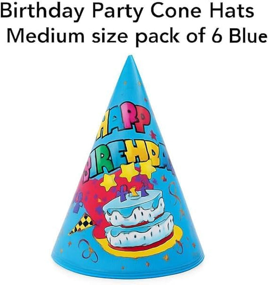 Birthday Cone Party Hats Medium Pack of 6 Blue - Kids & Adults Disposable Cone Caps
