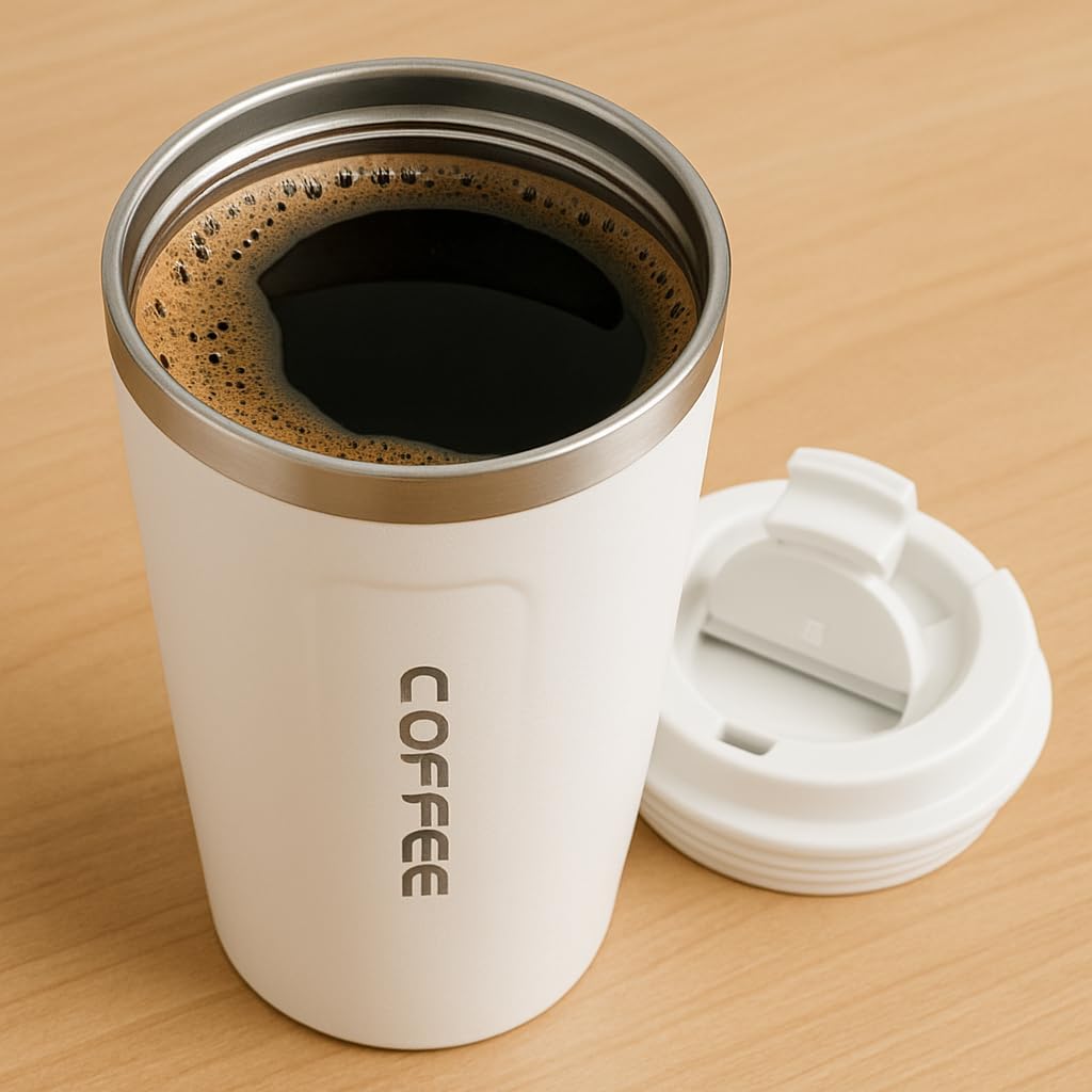 White Coffee Mug with Lid, 380ml Double Wall Insulated Stainless Steel Mug – Travel-Friendly, Leak-Proof Coffee Cup for Hot & Cold Beverages – BPA-Free, Spill-Resistant Mug for Office, Home